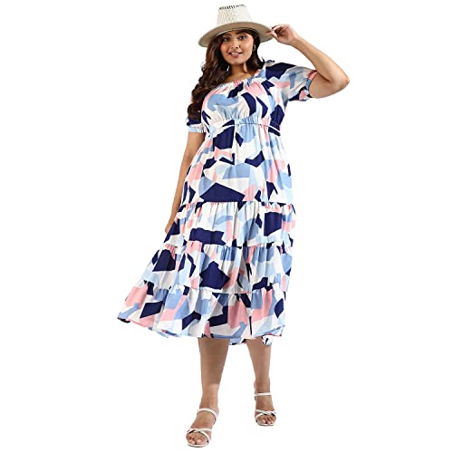 Image of Instafab Plus Women's Multicolour Printed Midi Length Short Sleeve Regular Fit Wrap Dress for Casual Wear | Modern Clothing Dress Crafted with Comfort Fit for Everyday Wear, 3XL