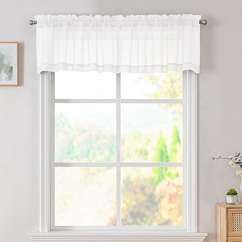 Image of Simplebrand White Valances 14 Inches Long for Living Room Pocket 2 Panel Light Filtering Sheer Translucent Valence Toppers for Window Kitchen Bathroom Bedroom White 42x14 Inch Length