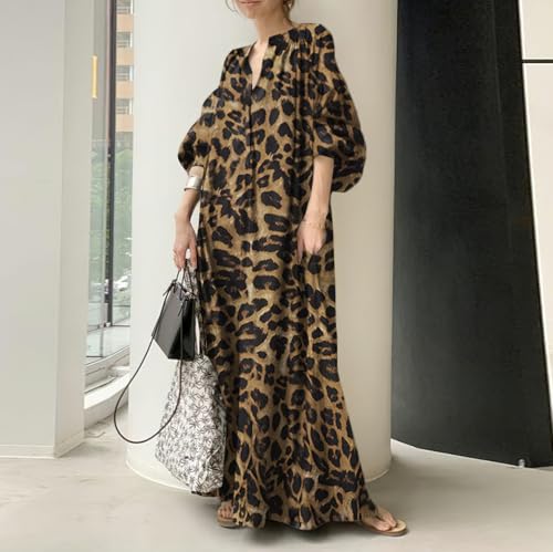 chouyatou Women Summer Casual Lantern Sleeve Floral Shift Dress Leopard Print Loose Maxi Long Shirt Dress2