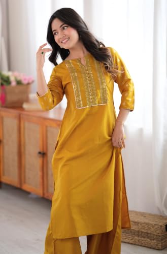 Image of Janasya Women's Silk Blend Tie & Dye Yoke Embroidered Straight Kurta Pant Set