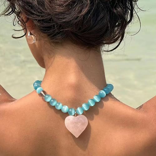 Collier perles cœur bleu œil de chat accessoire quotidien - 4