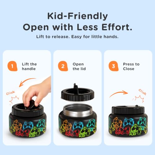 Image of MAISON HUIS 15oz Soup Thermo Wide Mouth Vacuum Insulated Stainless Steel Food Jar, Leak Proof for Hot&Cold Food Kids Lunch Container for School Travel (Black-Games Console)