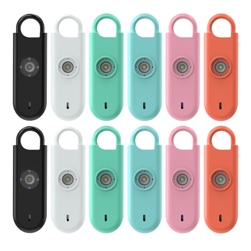 Fauxomor Alarma de seguridad personal de 140 dB para mujeres, paquete de 12 llaveros de protección de alarma segura con luz estroboscópica y aviso de batería baja, sirena de seguridad para niños,