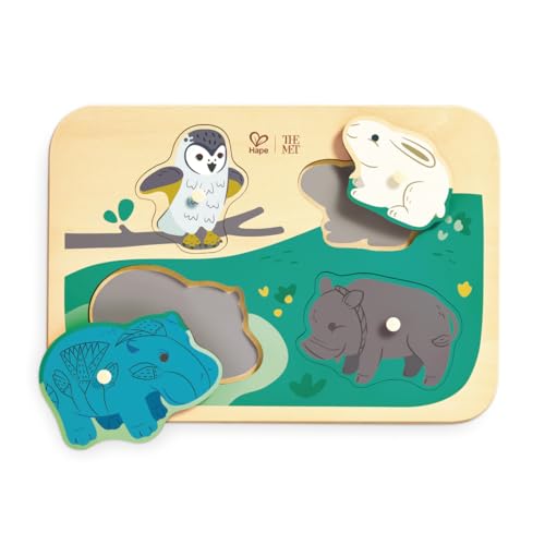 Hape x The Met Animal Friends Wooden Peg Puzzle – 4-Piece Puzzle for Ages 12-24M