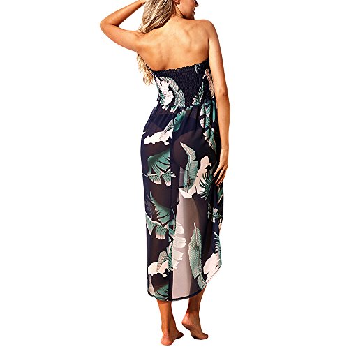 Eiffel Women\'s Boho Chiffon Off Shoulder Vacation Holiday Summer Beach Long Maxi Dress Swimwear (Large, Green Leaf Print)