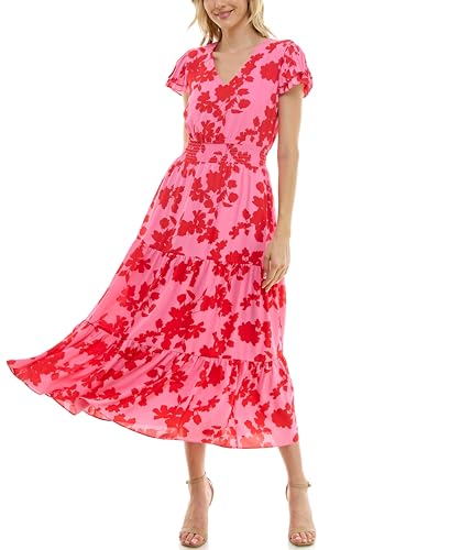 Image of Nanette Nanette Lepore Women's Tiered Pull on Fully Lined Dress with Smock Waist and Pleated Flutter Sleeve