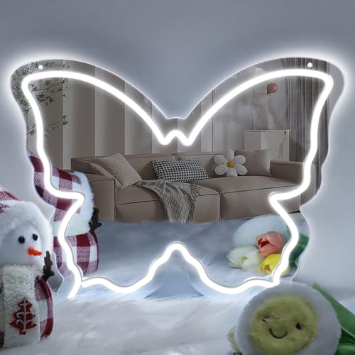 Image of Butterfly Neon Sign Mirror, LED Neon Sign for Wall Decor, 15.7'' x 12'' Dimmable Neon Light for Teen Girls & Kids Birthday Gift, Neon Signs for Room Decor, Wall Mirror, USB Powered (Daylight White)