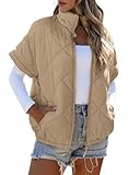 SHEWIN Quilted Jackets for Women Stand Collar Puffer Vest Women Lightweight Short Sleeve Womens Winter Coats Zip Up Womens Vests Outerwear Fall Outfits 2025 Parchment XL