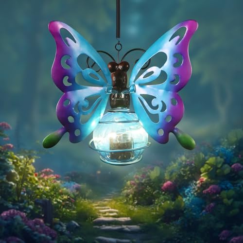 Butterfly Solar Outdoor Hanging Lantern Creative Small Sculpture Lights Durable Waterproof Lamp Suitable for Festivals Garden Decor Birthday Gifts for Grandma Mom Women Girl