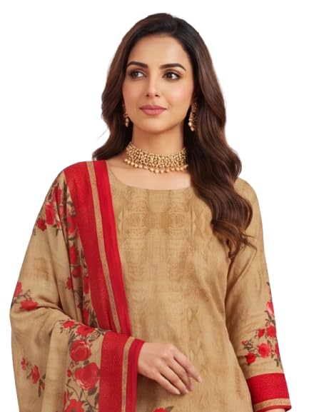 Image of Women's Light Brown Silk Salwar Suit Dress Material with Matching Bottom & Dupatta | Premium Unstitched Ethnic Suit Fabric for Festive, Party, Traditional Ethnic Wear