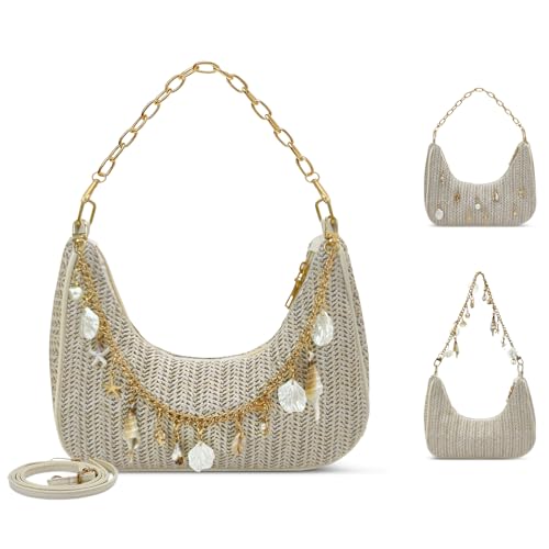 Image of Beach Purse Straw Shoulder Bag for Women, Summer Purse with Shell Pearl Bag Charms & 2Pcs Detachable Strap Chain