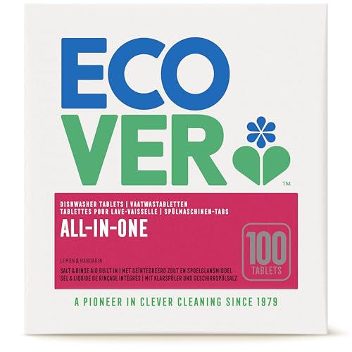 Ecover Pastiglie per lavastoviglie all-in-one, con sale per lavastoviglie e brillantante, pulizia potente, profumo di mandarino e limone, confezione da 100 pastiglie
