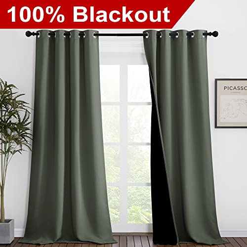 Image of NICETOWN Dark Mallard Blackout Curtains 90 inches Long, Full Light Blocking Drapes with Black Liner for Nursery, Thermal Insulated Draperies for Hall, Villa (2 Pieces, 46 inch Wide per Panel)