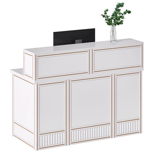 LITTLE TREE 57-Inch Reception Desk with Counter, Boho Style Front Desk, Modern Checkout Counter, Receptionist Desk for Retail, Lobby, Salon, Office, White