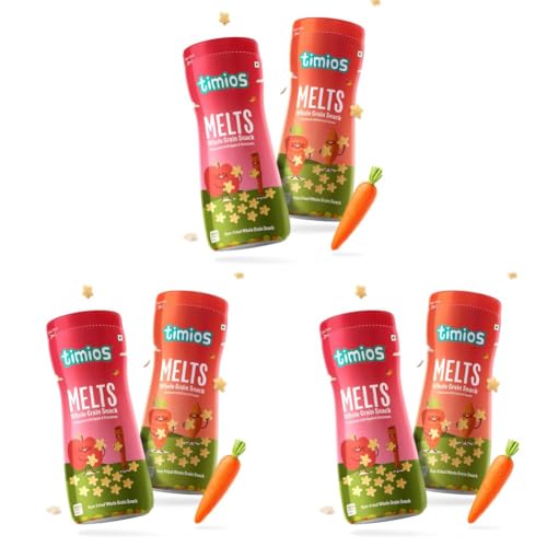 Image of Timios Melts Wholegrain Teething Puffs for Kids, Apple & Cinnamon & Carrot & Cumin, No Maida, Preservative-Free, Healthy, Travel-Friendly, Combo Pack (2 x 50g) (Pack of 3)
