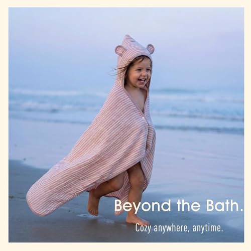 Image of Ultra-Soft Muslin Toddler Hooded Towel - 55 x 28 Inches, Made with Organic Cotton, Gender-Neutral Dusty Pink Striped Jacquard Pattern, Ideal for Bath & Beach, Newborn to Toddler