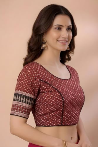 Image of Amazon Brand - Anarva Women's Printed Cotton Saree Blouse | Traditional Round Neck Elbow Sleeve Princess Cut Piping Blouse for Women | Ethnic Readymade Strechable Blouse