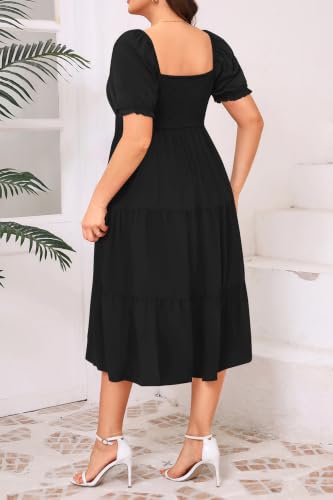 Image of Talisea Plus Size Summer Dress - Casual A-line Flowy Midi Dress for Women | Casual A-line flowy dress, sweetheart neck with drawstring & puff sleeves, tiered midi style for summer, beach & graduation.