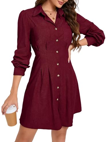 KOJOOIN Blusenkleid Damen Langarm Corduroy Hemdkleid A-Linien Tunika Kleid Minilänge Cordkleid mit Tasche und Knopfleiste Weinrot S