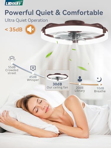 Image of LEDIARY 20 inch Ceiling Fans with Lights and Remote, Modern Low Profile Ceiling Fan, 3 CCT, Stepless Dimmable, Fandelier Flush Mount Fan Light, 6 Speeds, DC Motor, App & Remote Control for Bedroom(Brown)