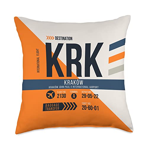 Vintage Krakow KRK Airport Code Retro Travel Day Poland Throw Pillow