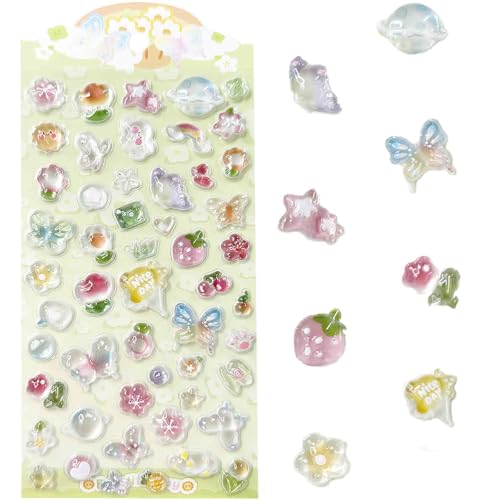 3D Cute Stickers Cartoon Butterfly Flowers Green Fruit Puff Stickers Kawaii Mini Puffy 3D Reusable Puffy for Scrapbooks Planner Journals Laptops Phone Case Decoration
