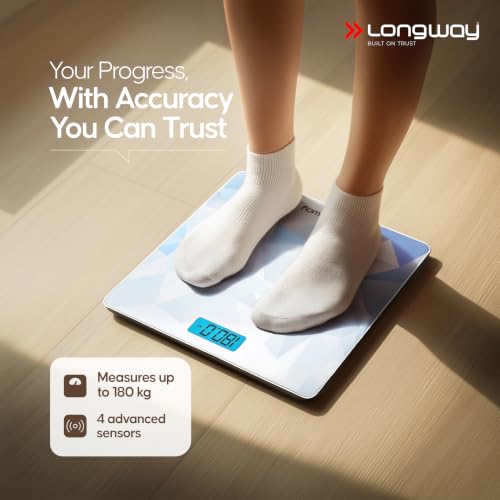 Image of Longway Weight Machine for Home | Digital Bathroom Scale for Human Body Weight Measurement | Extra Thick Tempered Glass with LCD Display | 3 Years Warranty (Blue | Max Weight 180Kgs | Sapphire)