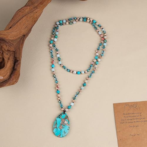 Long Necklaces for Women Boho, Oval Waterdrop Turquoise Pendant, Natural Stone Beaded, Handmade,Vintage & Elegance, Boho Fashion Charm Beaded Necklace for Women4