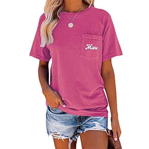 Niubia Women's Letter Print Basic Crew Neck Tee Summer Short Sleeve T-Shirt With Pockets Loose Fitting Tops Pink #TOP5