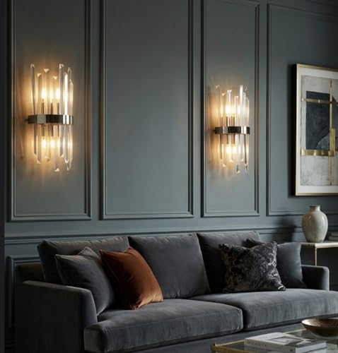 Image of Sanleen Modern Crystal Wall Light | Luxury Glass Wall Sconce Lamp for Living Room, Bedroom, Dining Room & Hallway | Gold Finish Decorative Wall Light Fixture | Premium Home Decor Lighting
