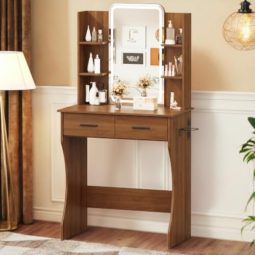 Image of BORNOON Vanity Desk with Mirror and Lights, Small Makeup Vanity Desk with Charging Station, Bedroom Vanity Table with Drawers, Storage Shelves, RGB Ambient Light and Hair Dryer Holder