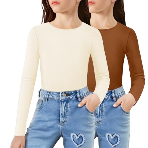 Arshiner 2 Packs Ribbed Knit Long Sleeve Shirts for Girls Soft Slim Fit Crewneck Casual Base Layer Tops Tees