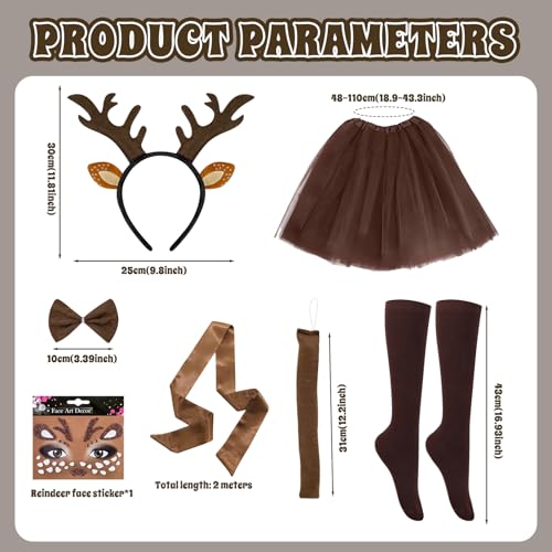ALONK Damen Geweih Kostüm Set, Kaffee Tüllrock + Geweih Haarreif + Lange Socken + Gürtel + Rentier Gesichtstattoos, Reh-Kostüm für Fasching, Karneval & Mottoparty, Festliche Accessoires