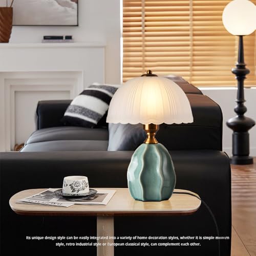 WOSBO Vintage Table Lamp, Green Ceramic Chinoiserie Lamp 14.2" Frosted White Wave Edge Lampshade Retro Traditional Table Light for Bedside Nightstand Living Room by WOSBO - Image 4