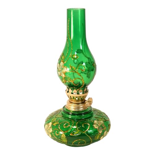 Hand Blown Glass, Green Hand Painted Opaque Finish Oil Lamp