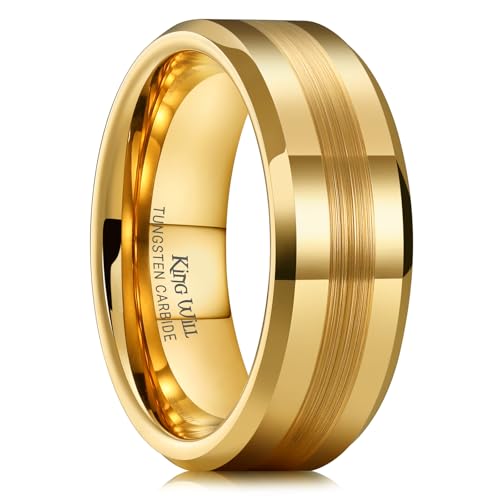 Image of King Will Tungsten Carbide Wedding Band for Men Women-4 /6 /8mm Width 14K Gold Plated Tungsten Wedding Ring Matte Brushed & High Polished Style Comfort Fit Wedding Band Size 6-14