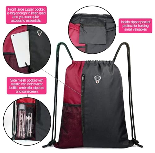 Image of ALASKA Drawstring Backpack Sports Gym Bag Large Size (18 Inch x 14 Inch) for Women & Men, Large Size With Two Zipper Pockets and Water Bottle Mesh Pocket.