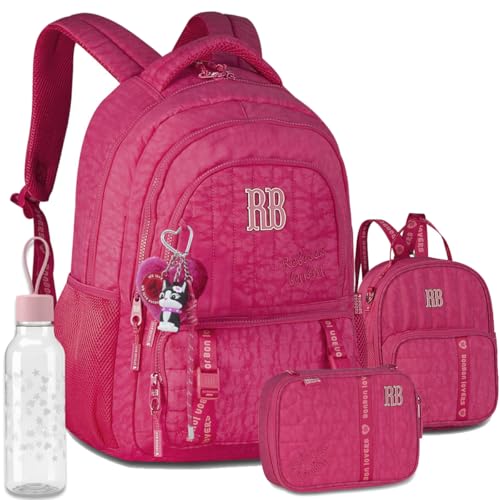 Kit Mochila Escolar Rebecca Bonbon RB 27006 Rosa com Lancheira, Estojo box e Garrafinha