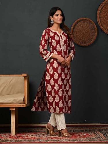 Image of Rimeline Women's Cotton Printed Kurta with Lace Yoke Detail | Elegant Straight Fit Ethnic Wear for Office, Casual & Daily Styling
