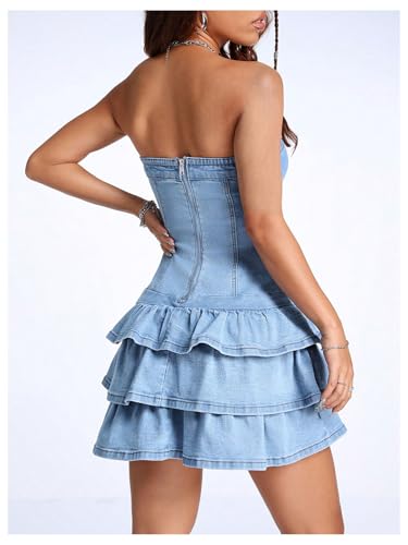 WDIRARA Women's Strapless Layered Ruffle Denim Dress Bandeau Slim Fit Mini Dresses2