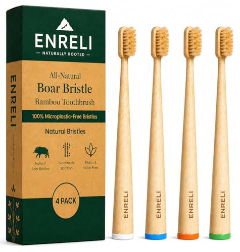 ENRELI Boar Bristle & Boar Hair Bamboo Toothbrush 4-Pack | Plastic-Free Non-Toxic Wooden Toothbrushes | Organic Microplastic-Free Biodegradable Eco-Friendly Manual