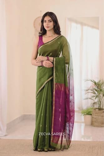 Image of ZECVA Women's Pure Soft Spun Cotton Lichi Silk Saree For Women With Attach Unstitch Blouse Piece