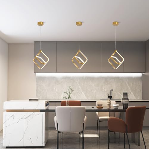 Image of Modern LED Chandelier Gold Rectangular Pendant Light Fixtures 4000K 20W Dimmable Height Adjustable Pendant Lighting for Dining Room Kitchen Island Bedroom Living Room Foyer(1-Pack)