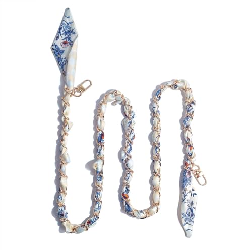 47.2IN Purse Straps Replacement Crossbody Straps Elegant Stylish Metal Silk Scarf Woven Bag Chain for DIY Purse Handbag Shoulder Crossbody Bag (Apricot Flower Style)