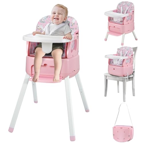Image of 4 in 1 Portable Baby High Chair,Convertible Highchair for Babies & Toddlers-Foldable Infant Booster Seat,Carry Small Box,Dining Chair,Toddler High Chair with 5-Point Harness,Removable Tray-Pink