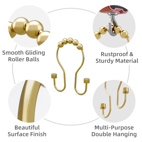 Bathway Shower Curtain Hooks, Shower Curtain Rings Rust Proof Double Hook Shower Curtain Hooks with Clindrical Design, 12 Pcs Light Gold Shower Hooks for Shower Curtain, Metal Shower Rod Hooks by Bathway - Used condition - Image 2