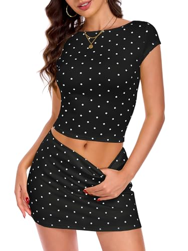 TITOMD Womens 2 Piece Outfits Polka Dot Skirt Sets Cap Sleeve Boat Neck Top Micro Mini Skirt Skort Sets Black M