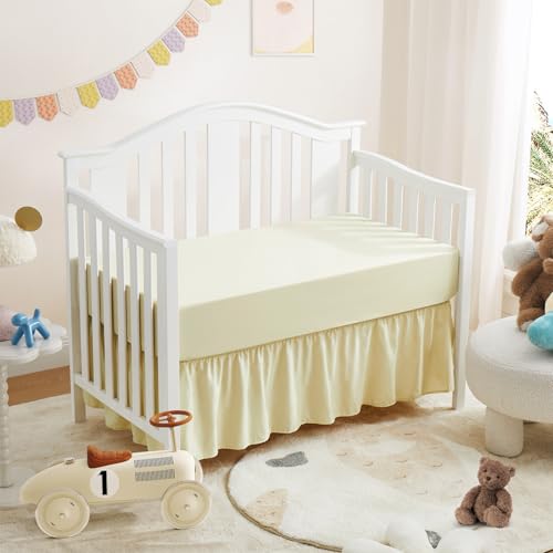 Image of Horbaunal 2 Pack Crib Skirt & Crib Bed Sheet Set, Cream Crib Bed Skirt 28 inch x 52 inch with 14 inch Drop Dust Ruffle, Soft Microfiber Toddler Bedskirt Nursery Bedding Skirt for Baby Girls and Boys