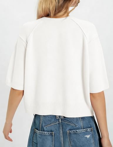 AMEBELLE Cropped Cardigan for Women Short Sleeve Ribbed Knit Button Up Shirt Lightweight Crewneck Casual Sweaters Tops (2668-Apricot-L) — view 3