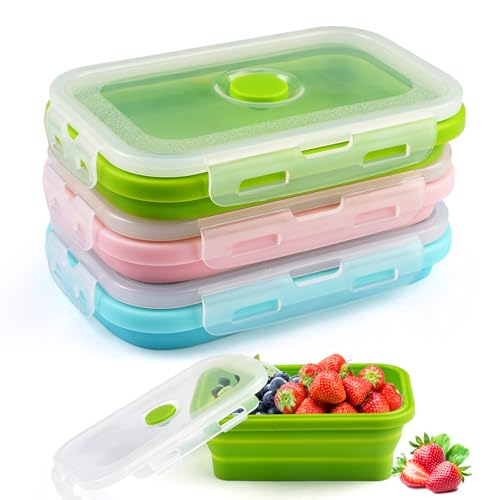 3 Stück Silikon Faltbare Brotdose, 500ml Faltbar Frischhaltedosen mit Deckel Faltbar Tupperdose Rectangle Silikon Zusammenklappbare Container Frischhalteboxen für Kühlschrank Mikrowell Blau+Rosa+Grün